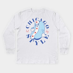 Chicago Style Hot Dog Flag | Glizzy Traditional Specific Signature Food Famous No Ketchup Chicago Flag Dog | Chicago Illinois State South Side South Suburbs Depression Sandwich Anthropomorphic Mascot Kids Long Sleeve T-Shirt